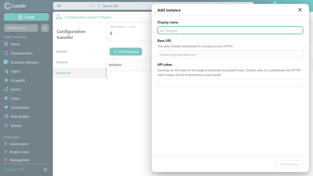 The Add instance panel, with a display name, base URL and API token filled in