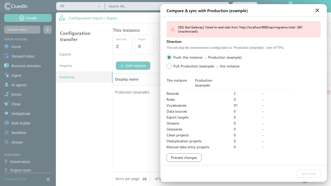 The Compare & sync panel, showing stats for both environments, a direction choice, and a preview of what the sync will change