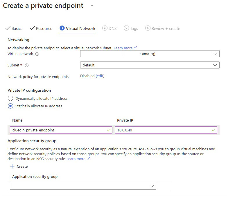 Create a private endpoint, Virtual Network tab: a virtual network and subnet selected, with Statically allocate IP address chosen and private IP 10.0.0.40