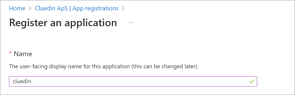 Azure portal Register an application page with the Name field set to cluedin