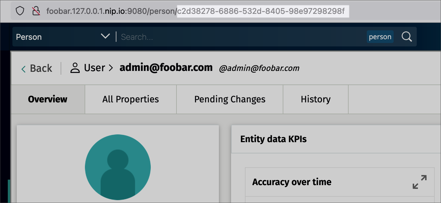 The admin@foobar.com user page in CluedIn, with the entity ID highlighted at the end of the browser address bar URL