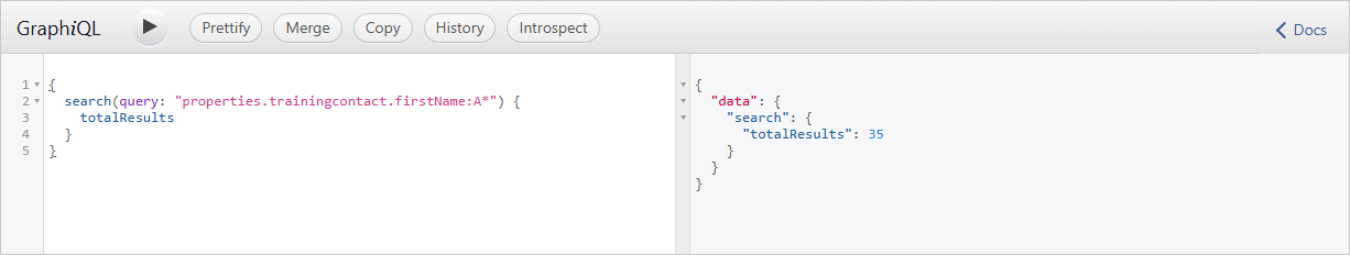 GraphiQL with a search query on trainingcontact.firstName:A* requesting only totalResults, and the result returning 35