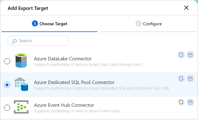 Choose Target tab of the Add Export Target pane with Azure Dedicated SQL Pool Connector selected
