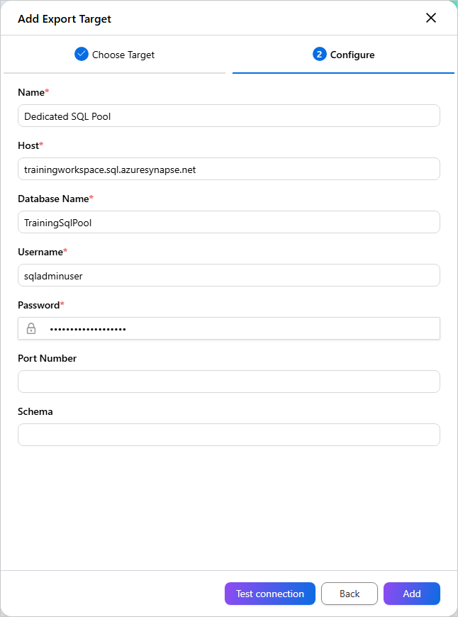 Configure tab of the Add Export Target pane with Name, Host, Database Name, Username and Password filled in, and the Test connection and Add buttons
