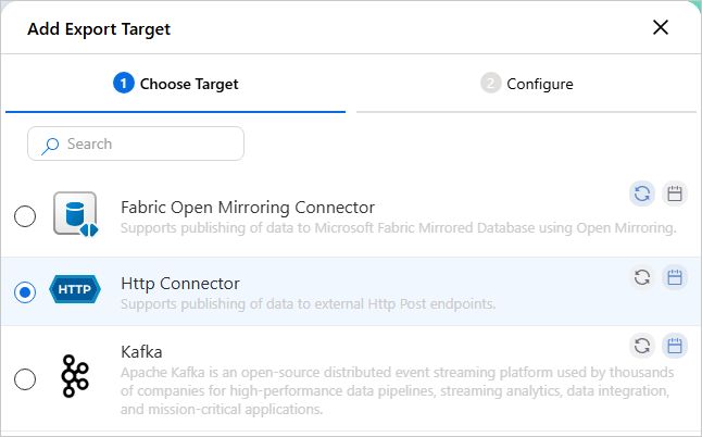 The Choose Target tab of the Add Export Target dialog with Http Connector selected