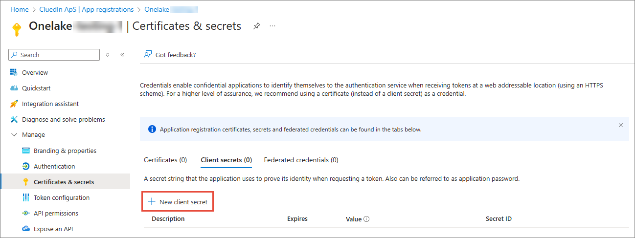 The Certificates & secrets page on the Client secrets tab, with New client secret highlighted