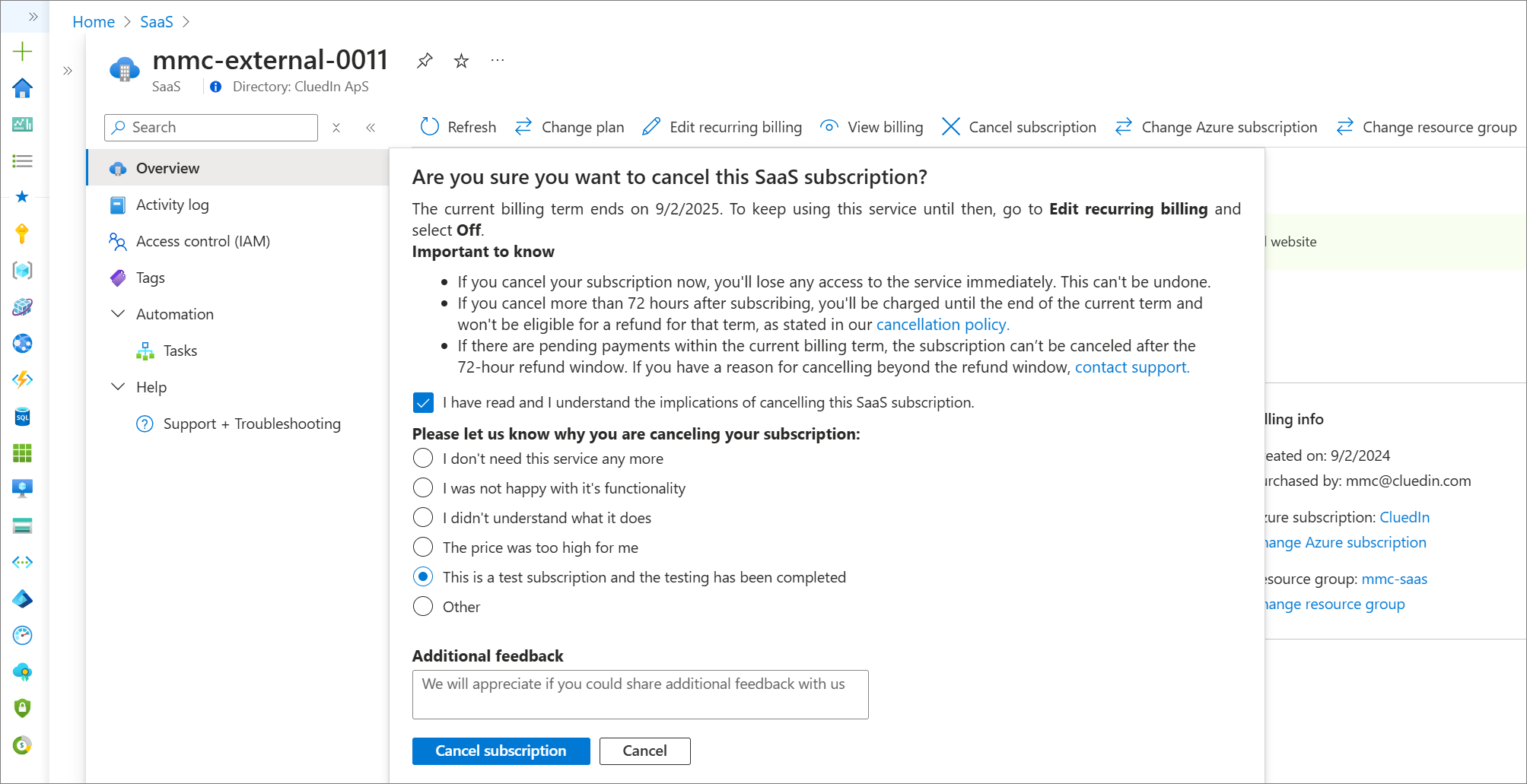 Cancel SaaS subscription pane with the confirmation checkbox selected, a cancellation reason chosen, and the Cancel subscription button