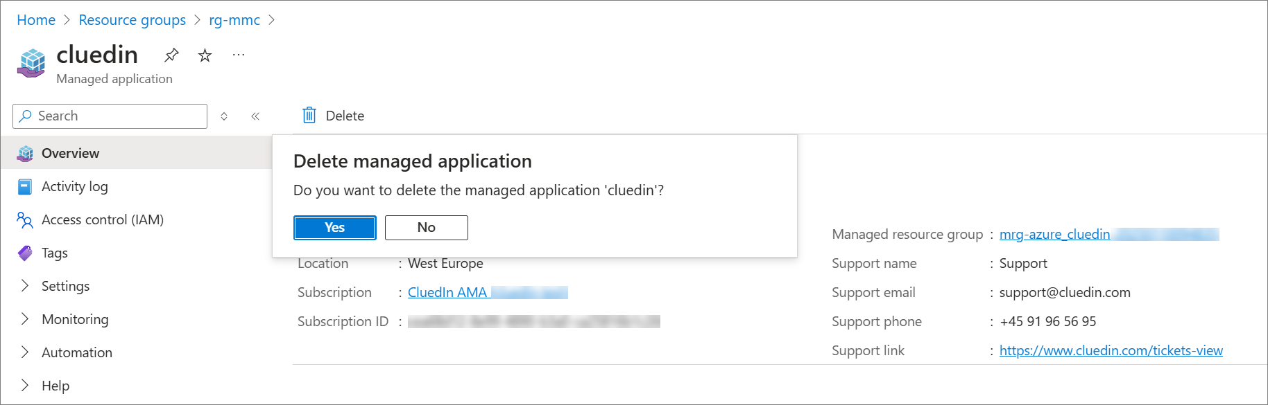 Delete managed application confirmation asking whether to delete cluedin, with Yes and No buttons