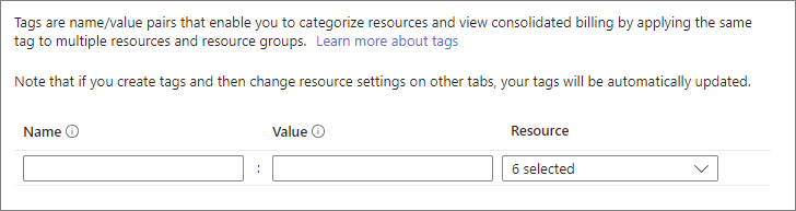 Tags tab with empty Name and Value fields and a Resource dropdown showing 6 selected