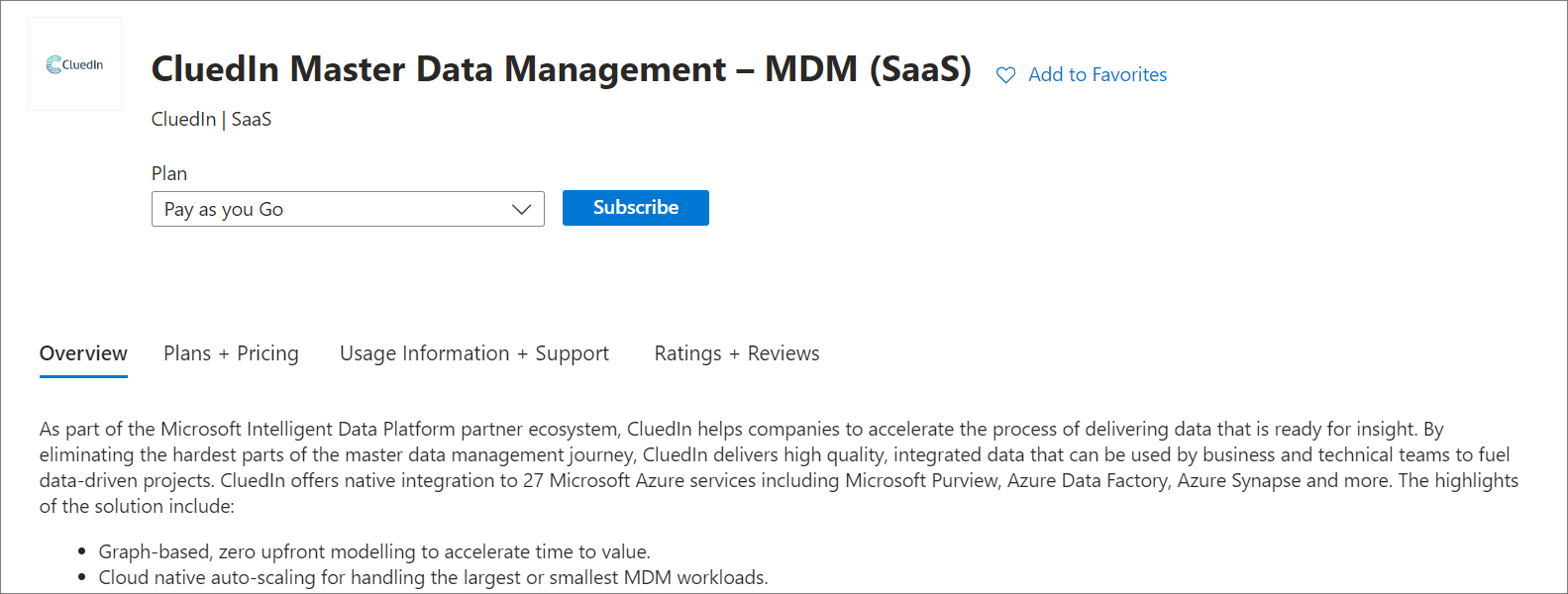 CluedIn MDM (SaaS) offer page with the Plan dropdown set to Pay as you Go and the Subscribe button