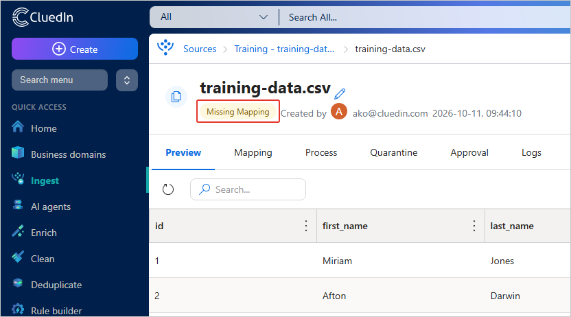 The training-data.csv data set details page with the Missing Mapping label highlighted
