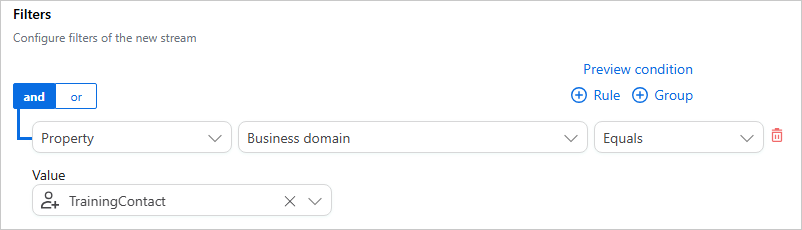 The stream Filters section with one rule: Property, Business domain, Equals, with the value TrainingContact