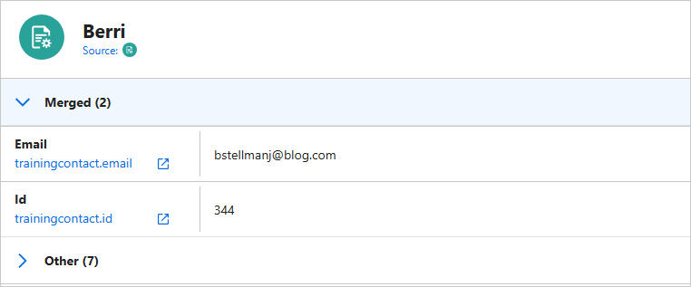 Preview Merge tab for the group Berri, showing the merged Email and Id values that the deduplicated record will get