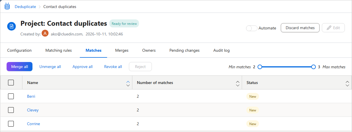 Matches tab of the Contact duplicates project, status Ready for review, listing groups of duplicates with their number of matches