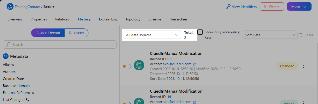 The History page with the data source filter set to All data sources highlighted next to the total count