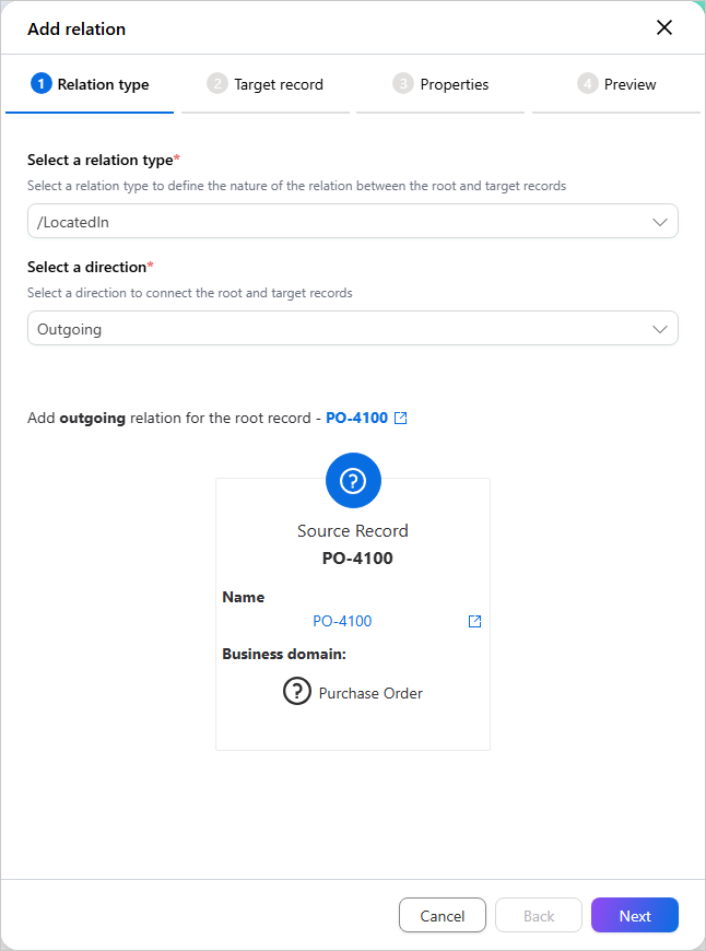 Add relation panel on the Relation type step: relation type /LocatedIn, direction Outgoing, with source record PO-4100 shown below
