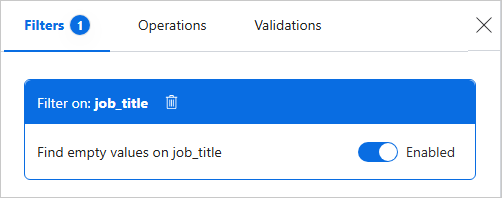Filters pane showing one filter on job_title, Find empty values on job_title, with its toggle Enabled and a delete icon