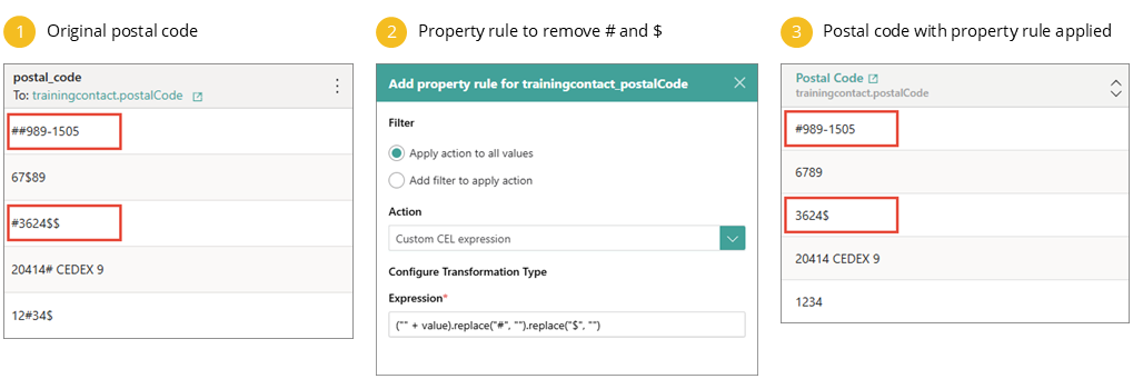 Original postal codes, a Custom CEL expression property rule using replace for # and $, and the result where only the first occurrence of each character is removed