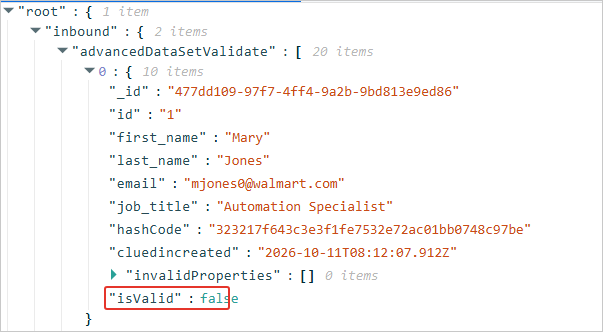 The Result tree for one record, with the isValid property set to false highlighted