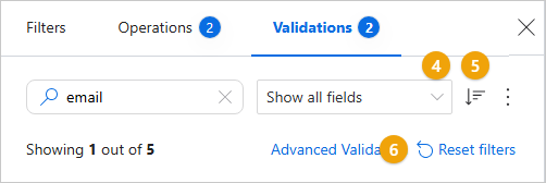 The Validations pane with numbered controls: 4 for the field filter, 5 for sorting, and 6 for Reset filters