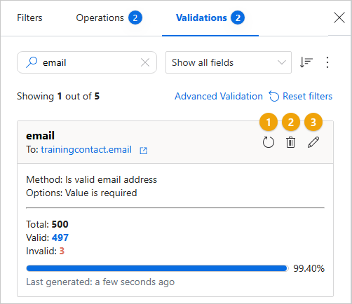A validated email field with numbered icons: 1 for refresh, 2 for remove, and 3 for edit