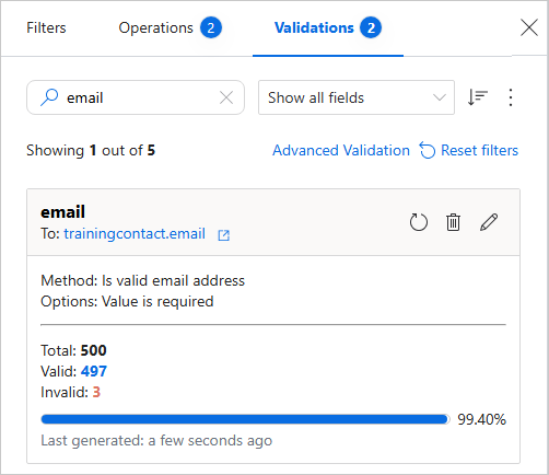 Validation results for the email field: Is valid email address, 500 total, 497 valid, 3 invalid, 99.40 percent valid
