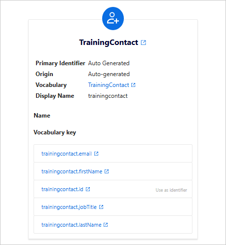 The default mapping on the Map tab: the TrainingContact business domain with an auto-generated primary identifier and its vocabulary keys