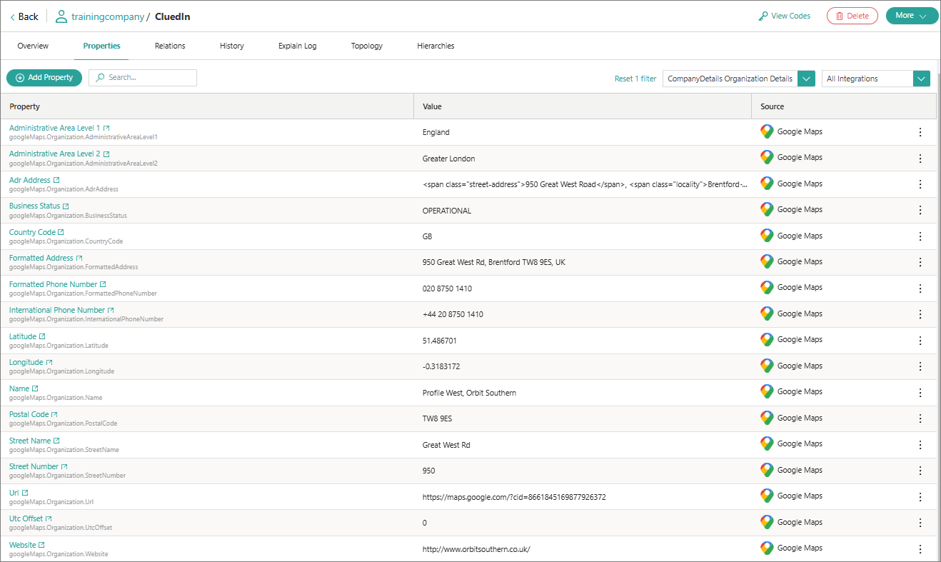 Golden record Properties tab listing Google Maps properties such as administrative areas, business status, country code, formatted address, latitude and longitude