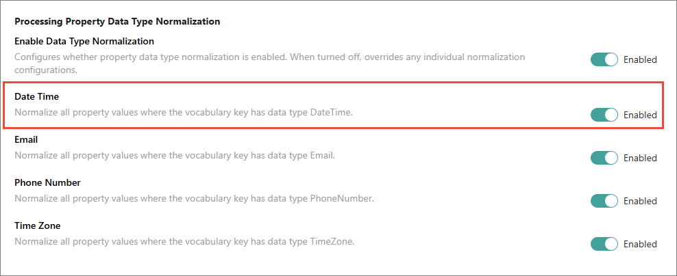Processing Property Data Type Normalization settings with the Date Time setting highlighted and enabled
