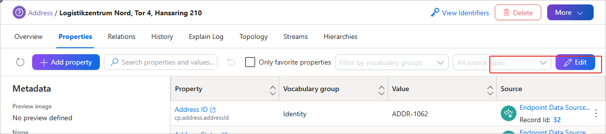 Golden record Properties tab with the toolbar area next to the Edit button highlighted