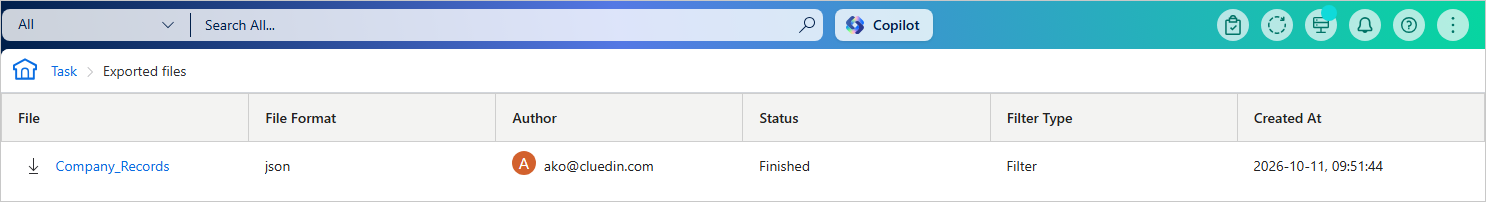 Exported files page listing a file with its format, author, Finished status, filter type, and creation time