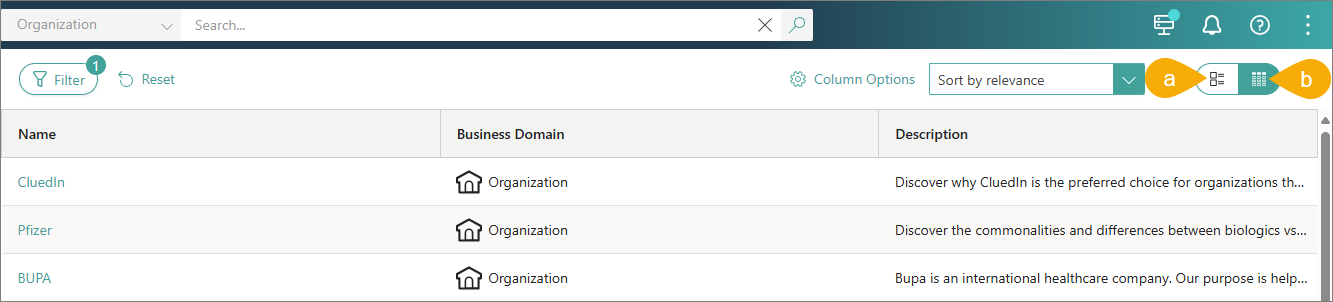 Search results page with the page view buttons marked a for Tile view and b for Tabular view in the upper-right corner