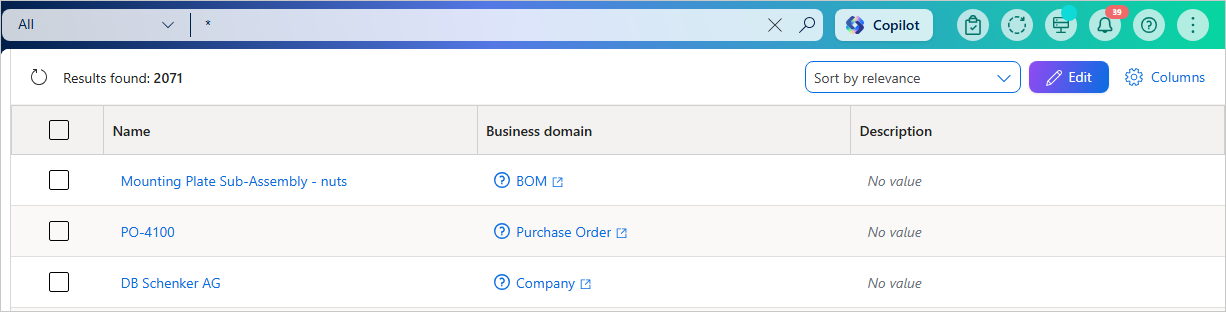 Search results in tabular view with rows of golden records under the Name, Business domain, and Description columns