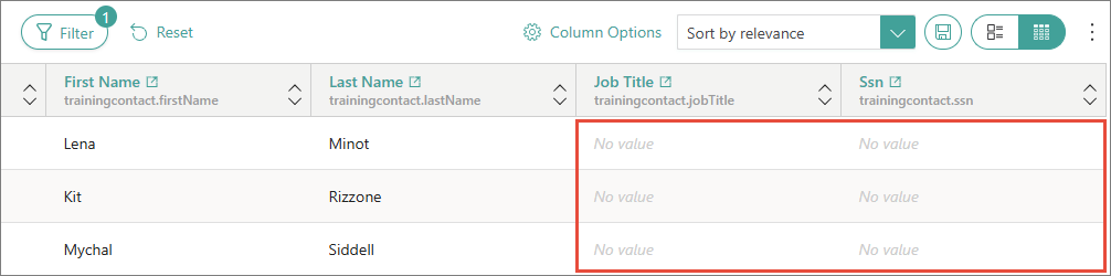 Search results with No value shown in the Job Title and Ssn columns for every record, highlighted