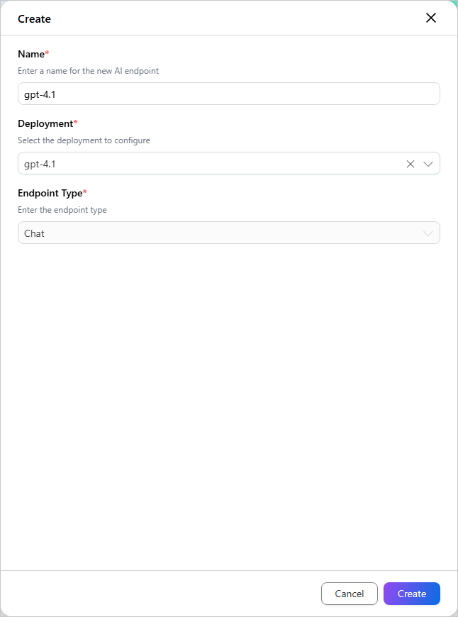 The Create pane for an AI endpoint, with Name, Deployment set to gpt-4.1, and Endpoint Type set to Chat