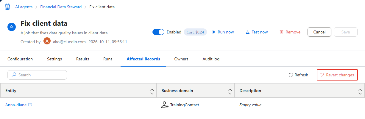 Affected Records tab of an AI agent job with the Revert changes button highlighted in the upper-right corner