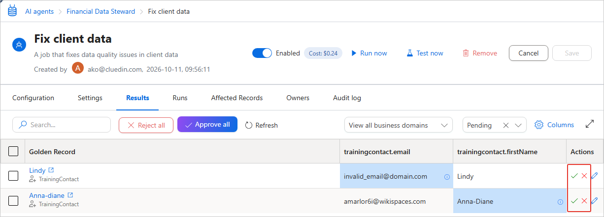 The Results tab with the Approve and Reject icons in the Actions column of each suggestion highlighted