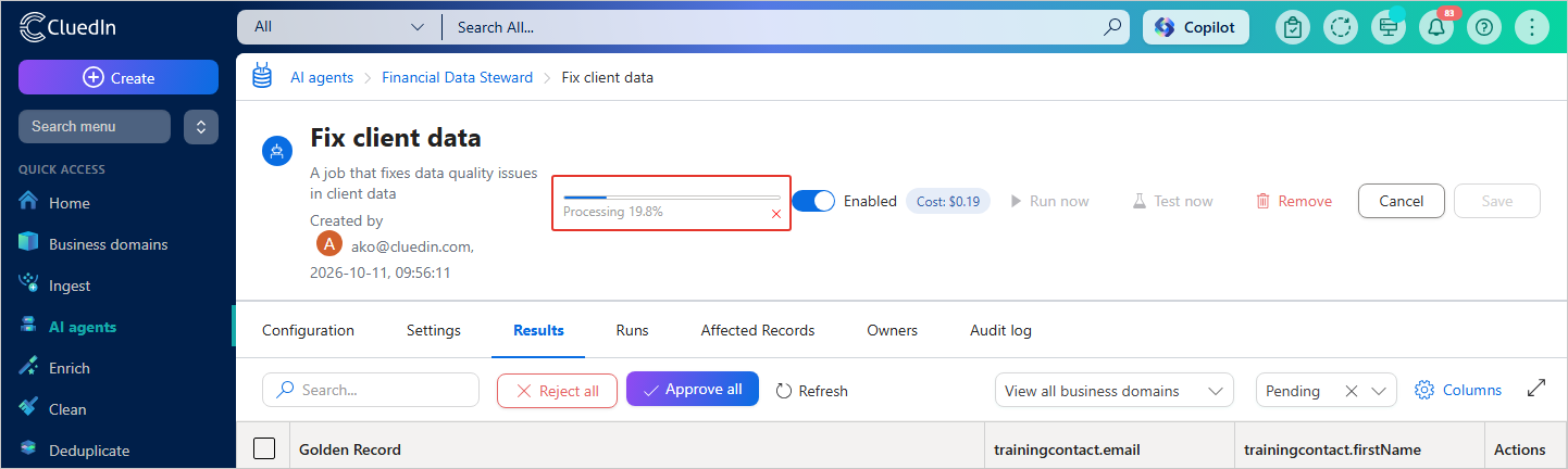An AI agent job page with a Processing 19.8% progress bar highlighted at the top