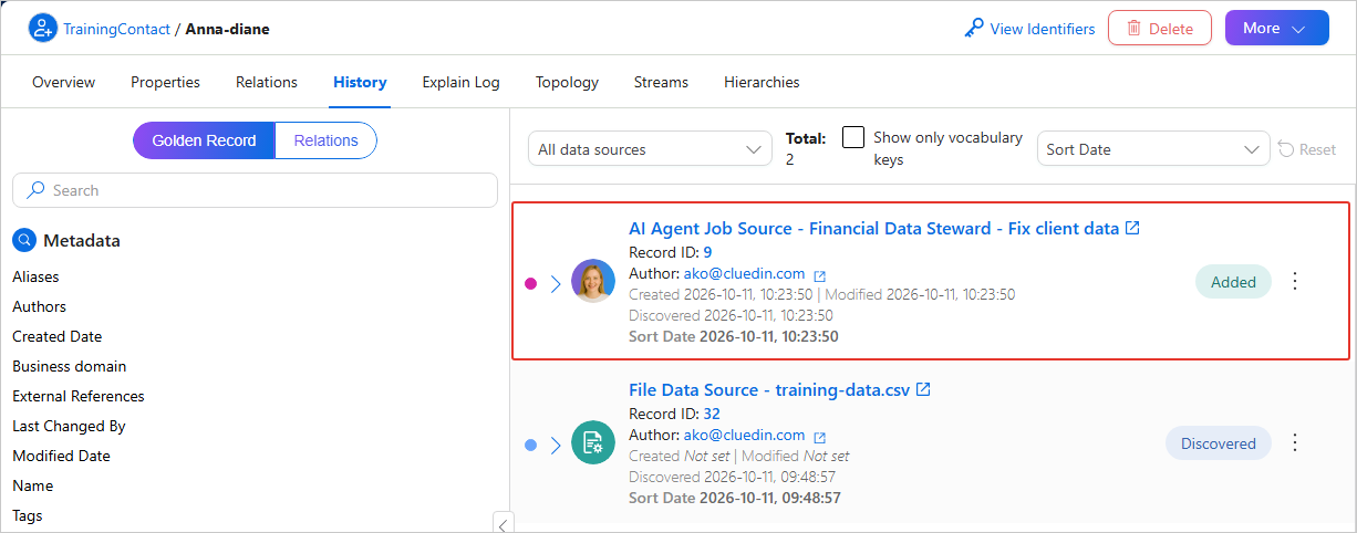 History tab of a golden record with the AI Agent Job Source - Financial Data Steward - Fix client data record highlighted