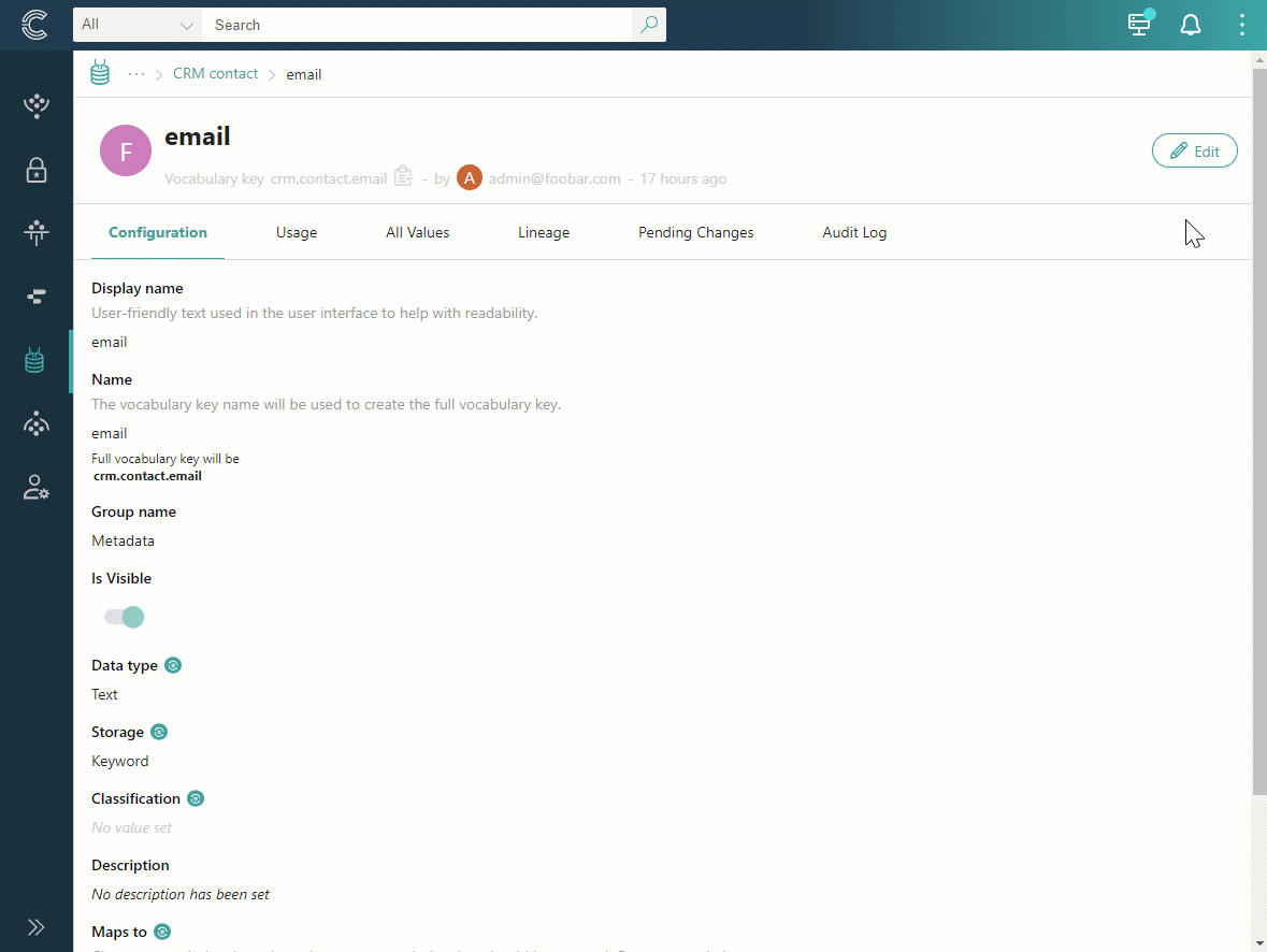 Animation: editing the crm.contact.email key, selecting Add mapping in the Maps to section, choosing a target key, selecting Add Key, and confirming