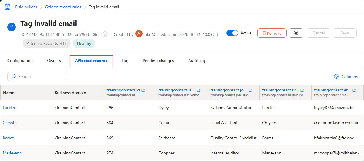 The Affected records tab of a rule, listing the modified golden records with their business domain and property values
