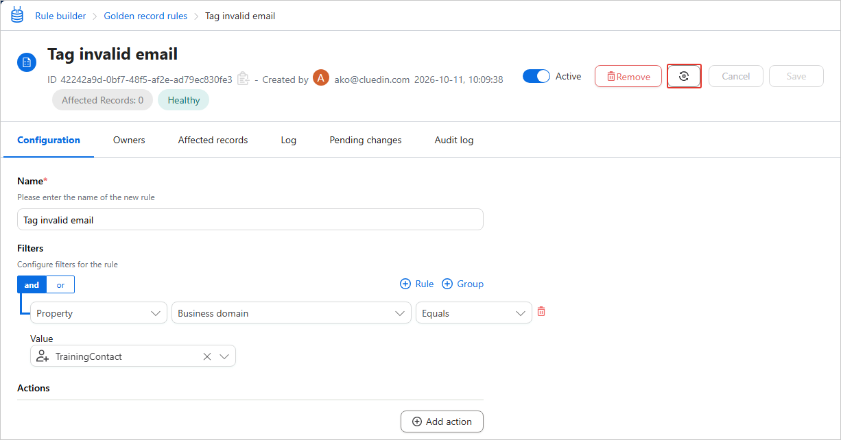 The rule details page with the reprocessing button highlighted, between the Remove and Cancel buttons