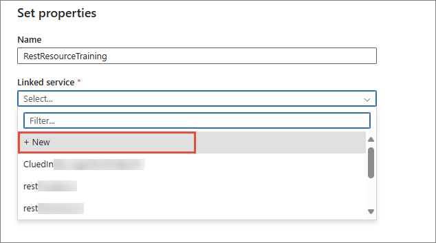 The Set properties pane with name RestResourceTraining and the Linked service dropdown open, + New highlighted