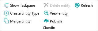 The CluedIn ribbon group with Show Taskpane, Create Entity Type, Merge Entity, Delete entity, View entity, Publish and Refresh