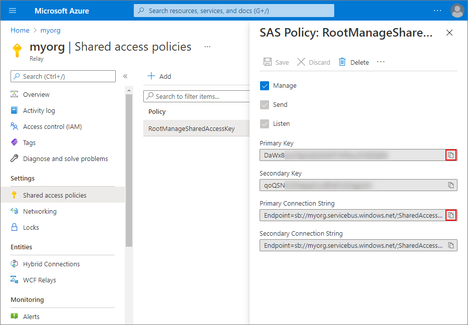 The SAS Policy: RootManageSharedAccessKey pane, with the Copy buttons for Primary Key and Primary Connection String highlighted