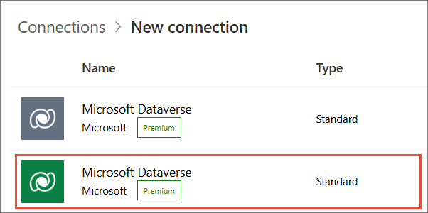New connection list with the Microsoft Dataverse connection that has the green icon highlighted