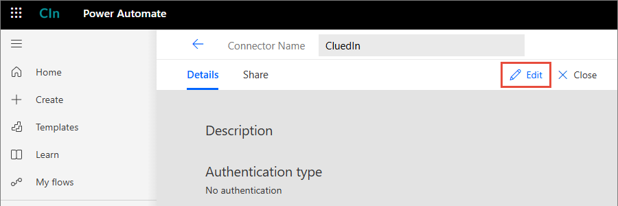 The CluedIn custom connector Details tab, with Edit highlighted