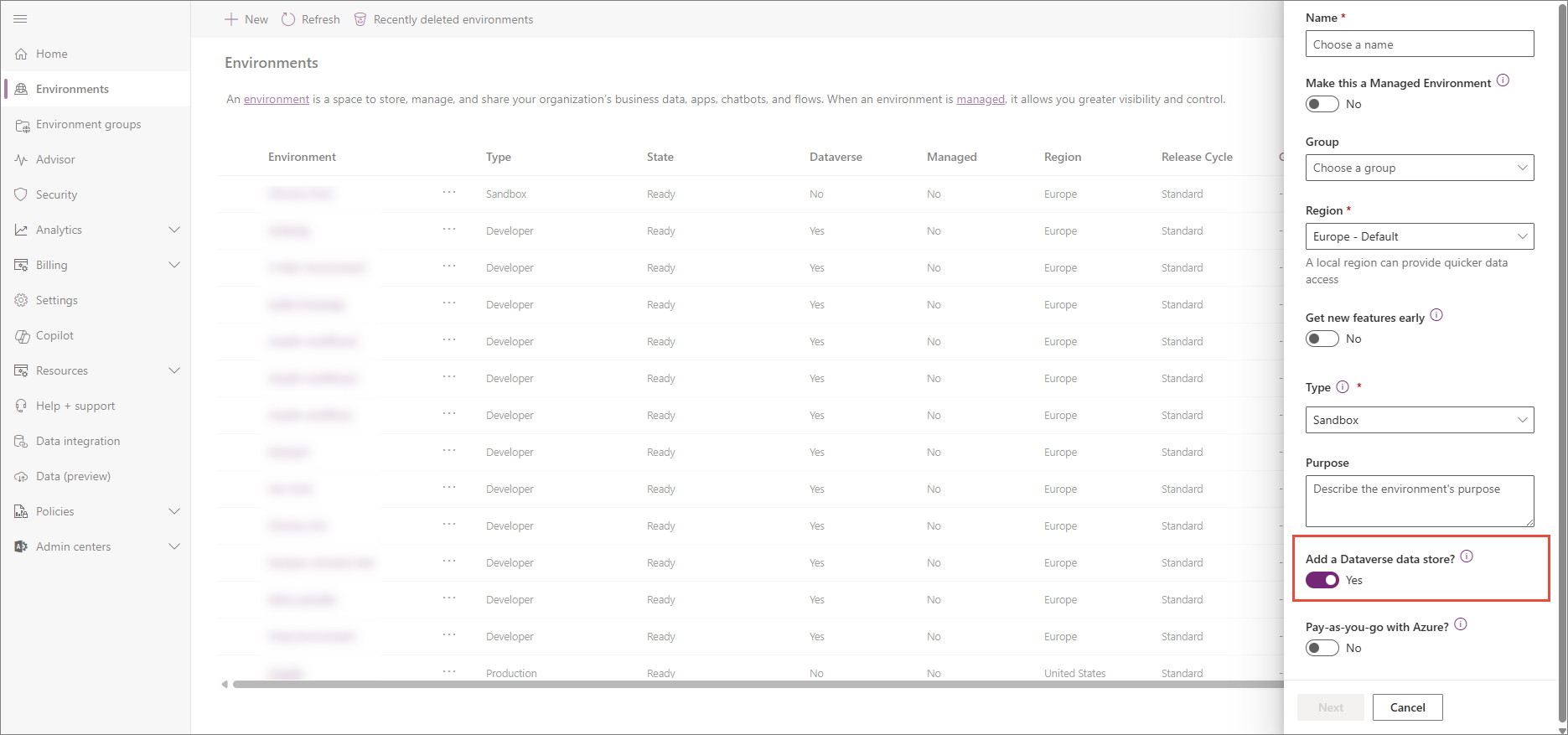 New environment pane in Power Platform admin center with Add a Dataverse data store set to Yes and highlighted