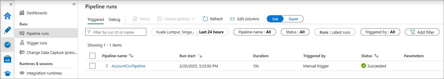 ADF Studio Pipeline runs showing AccountCsvPipeline with status Succeeded