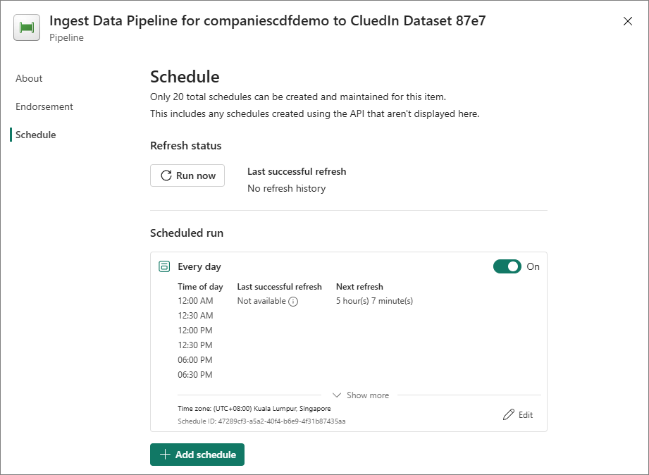 A Fabric pipeline Schedule pane showing an Every day scheduled run turned on, with six run times and the time zone